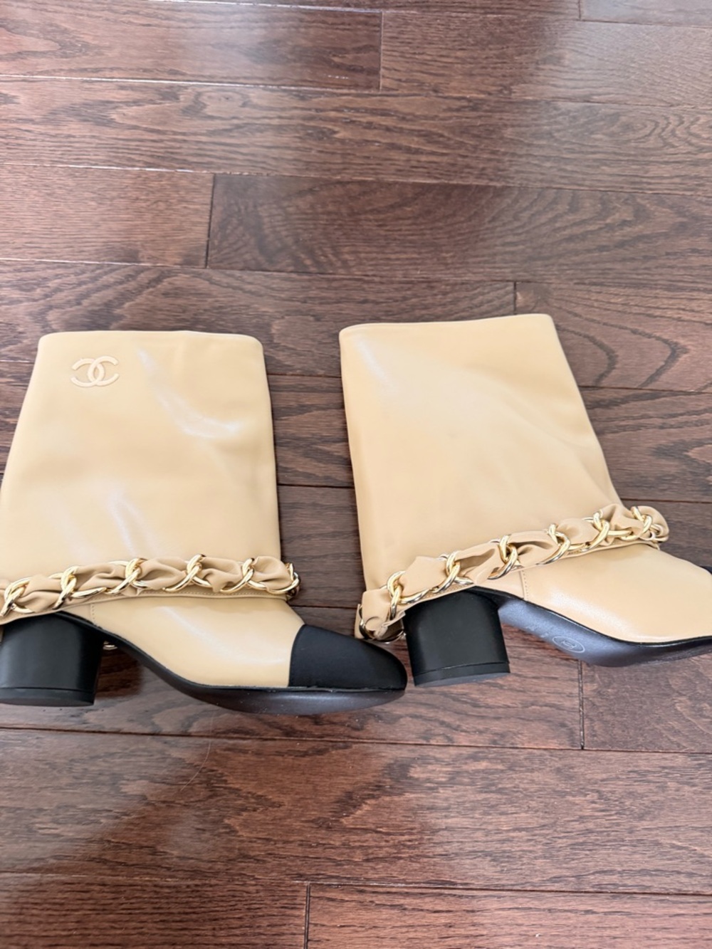 CHANEL Beige Leather Mid-Calf Boots with Black Cap Toe & Gold Chain - Picture 2 of 9
